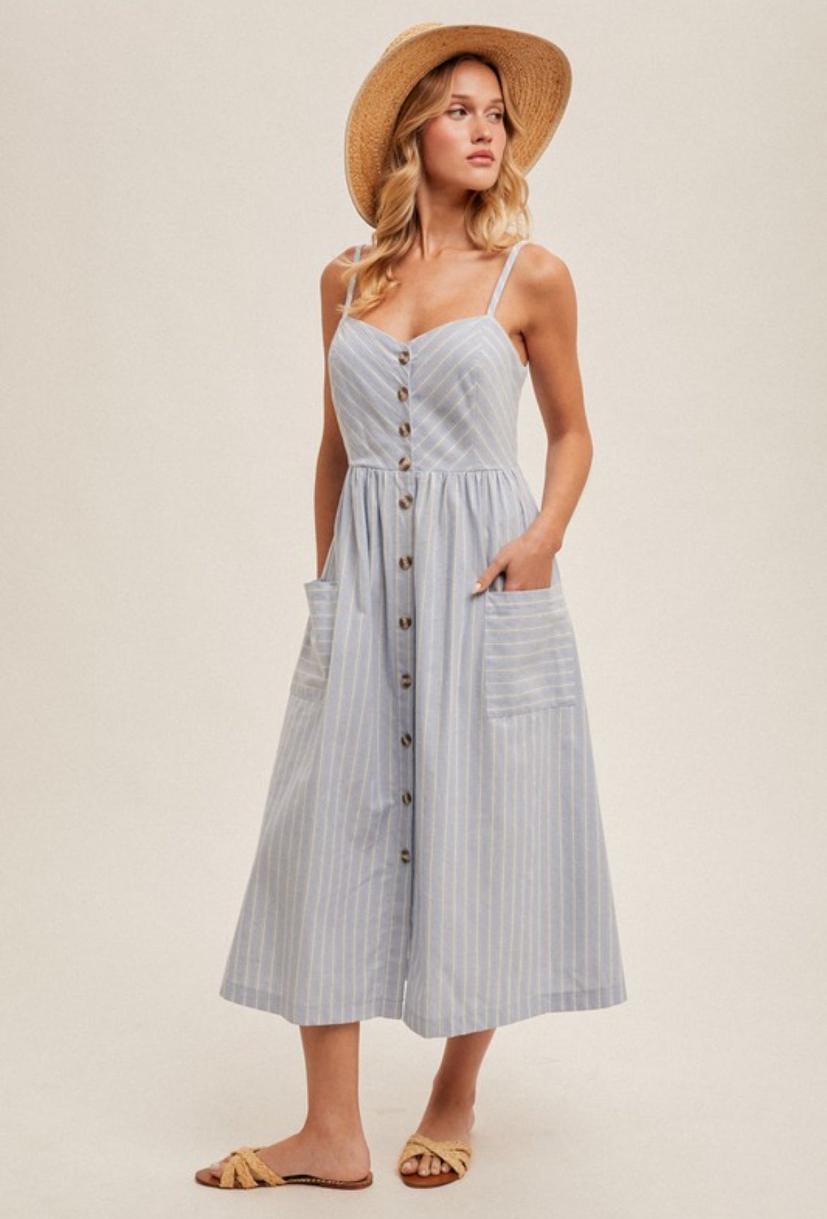Button Down Striped Linen Midi Dress