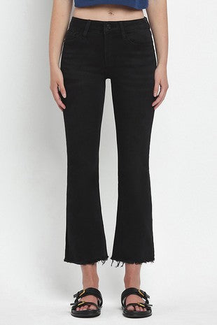 Black Mid Rise Raw Distressed Hem Crop Flare