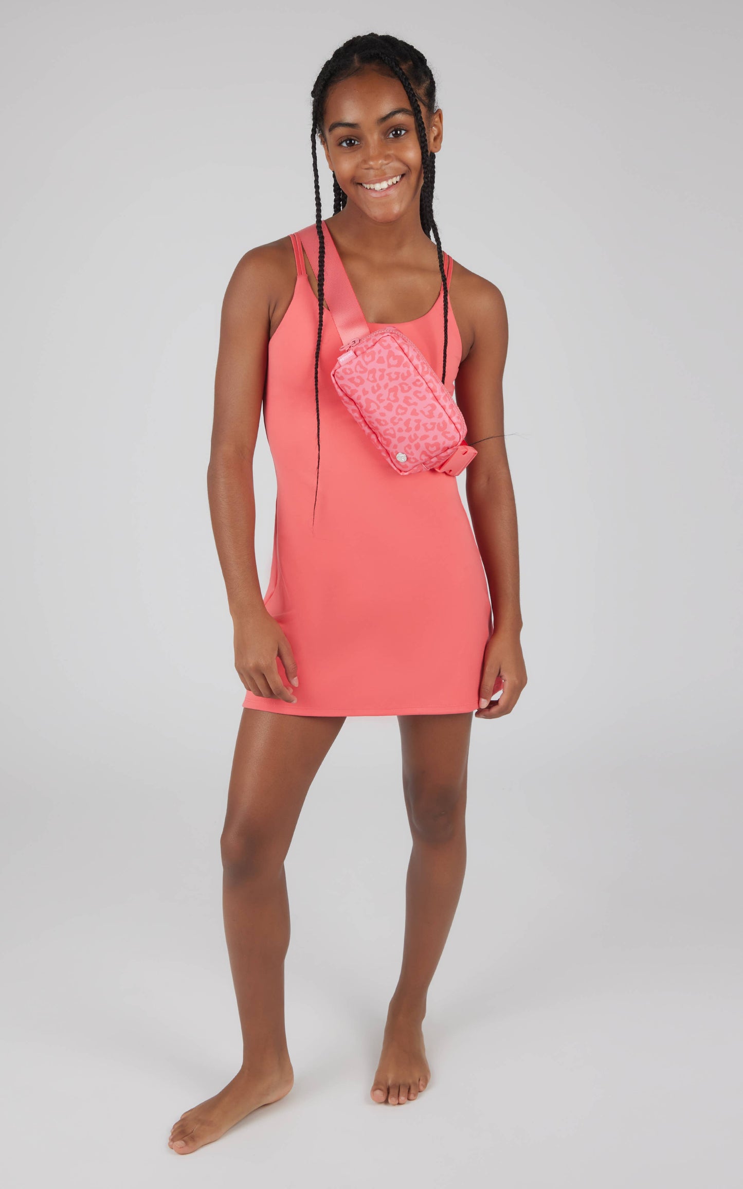 Girls Lux Tennis Dress with Inner Bra and Fanny Bag - Set: CALYPSO CORAL/LOVING LEOPARD CALYPSO CORAL