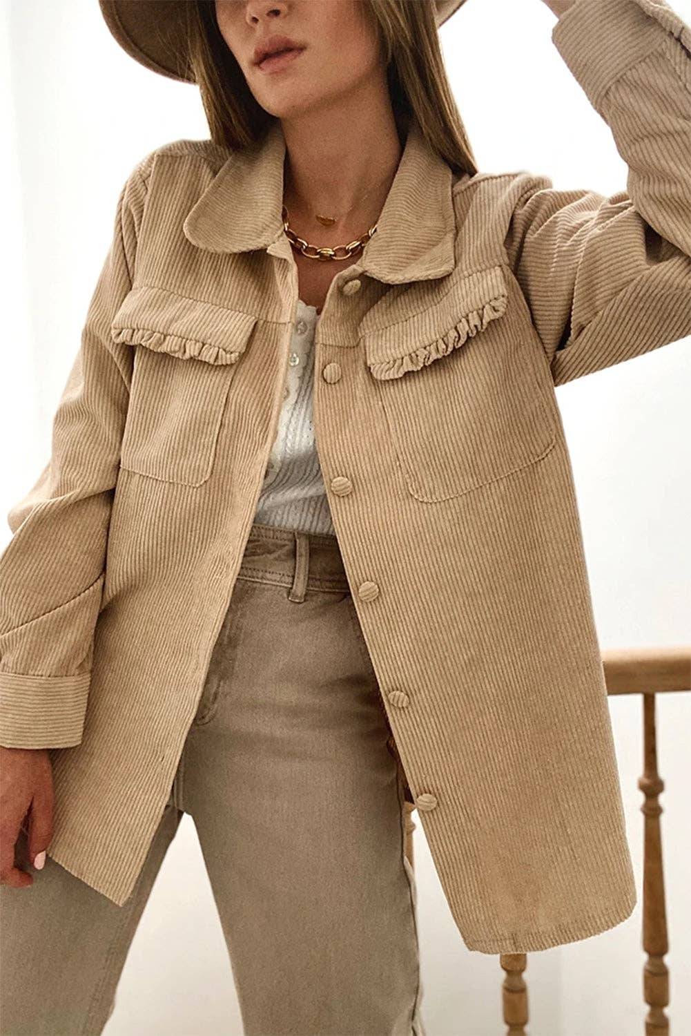 Frilled Flap Corduroy Shacket