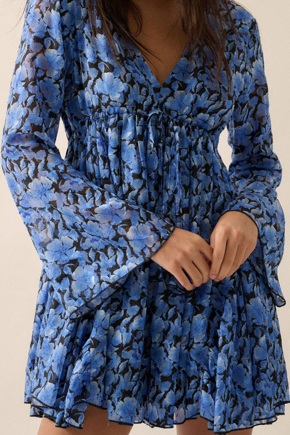 Floral Chiffon Bell-Sleeve V-Neck Skort Romper