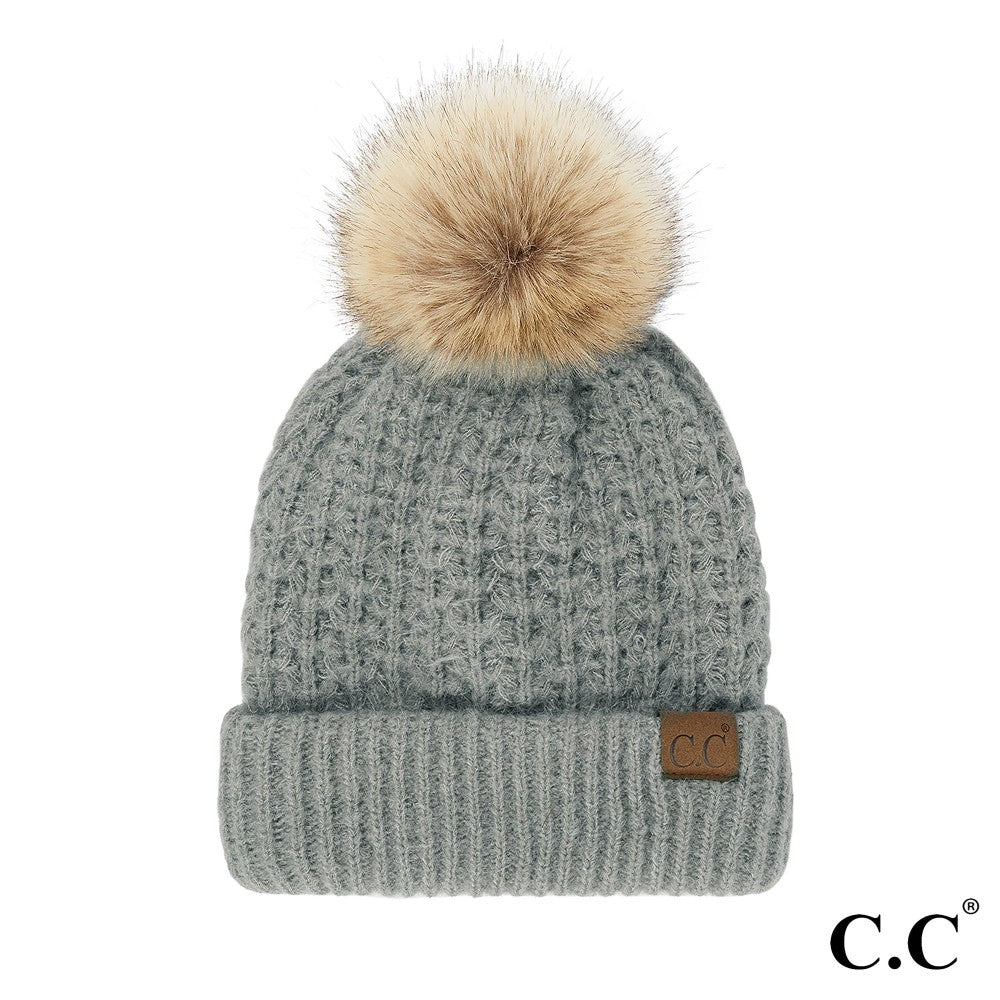 Smocking Stitch Pattern Beanie with Faux Fur Pom