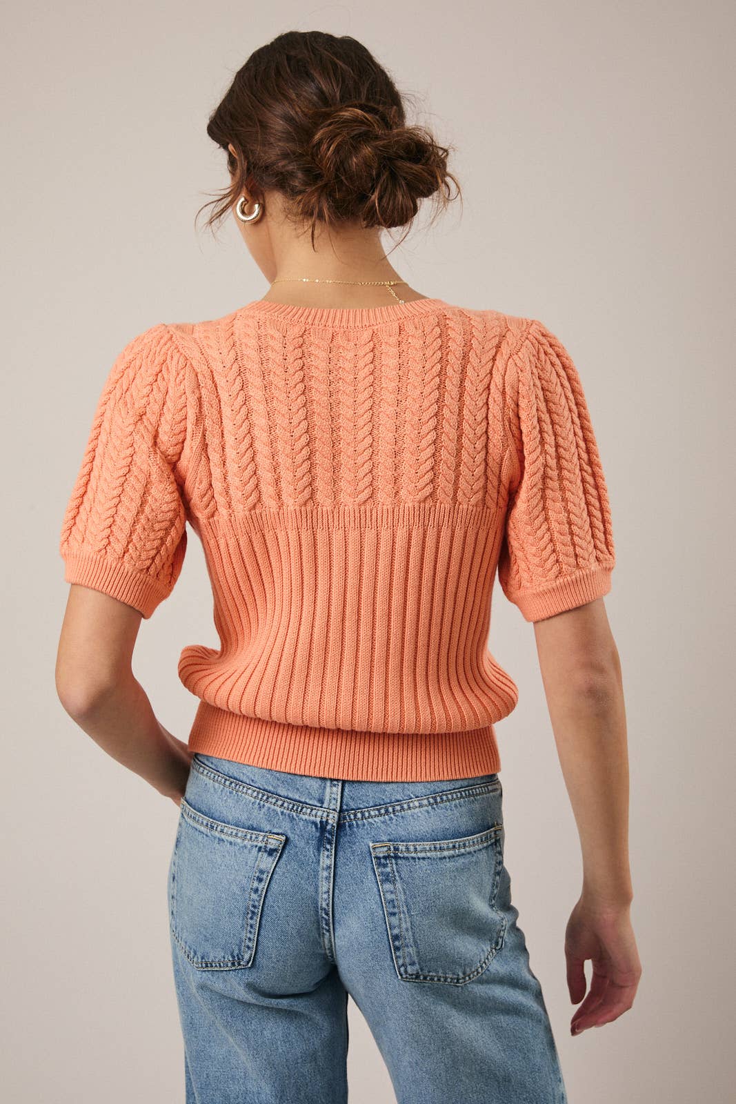 Apricot Cable Knit Short Sleeve Sweater