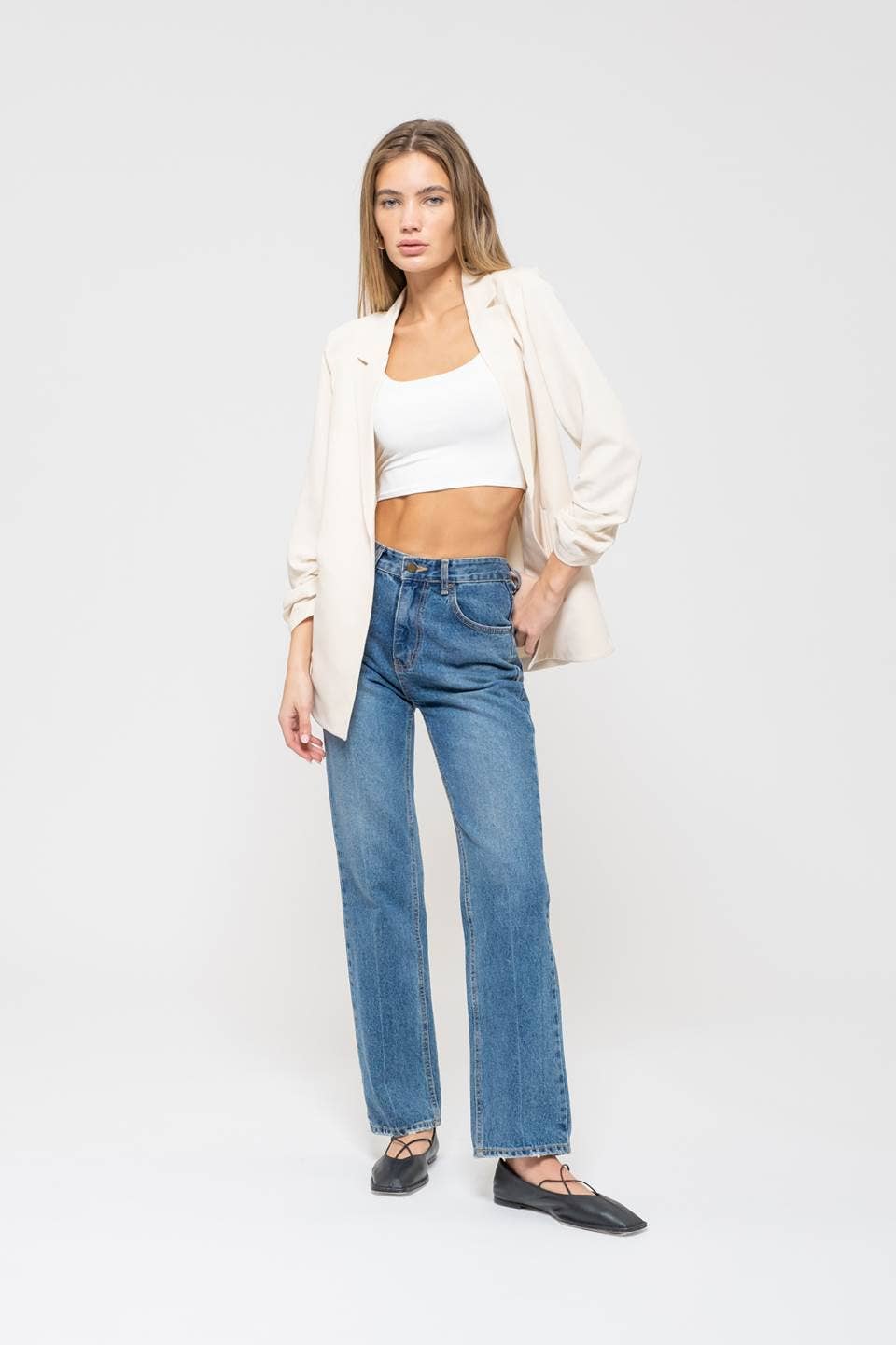 Notched Collar Ruched Sleeve Blazer - Cream
