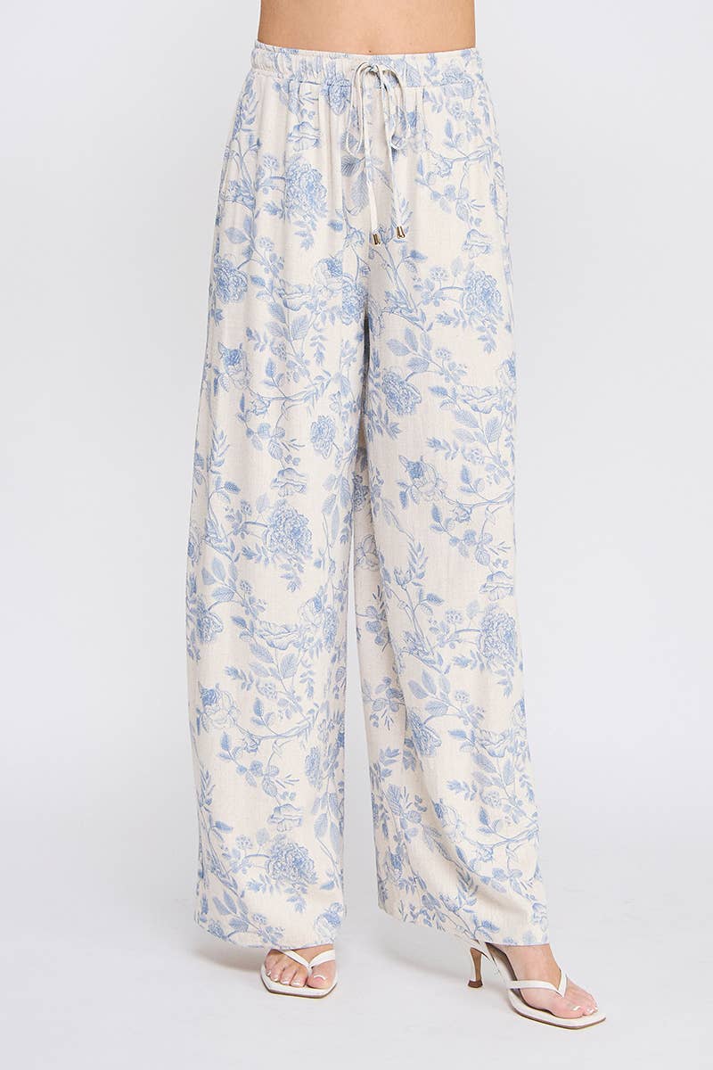 Printed Soft Linen Elastic Tie Waist Wide Leg Pants