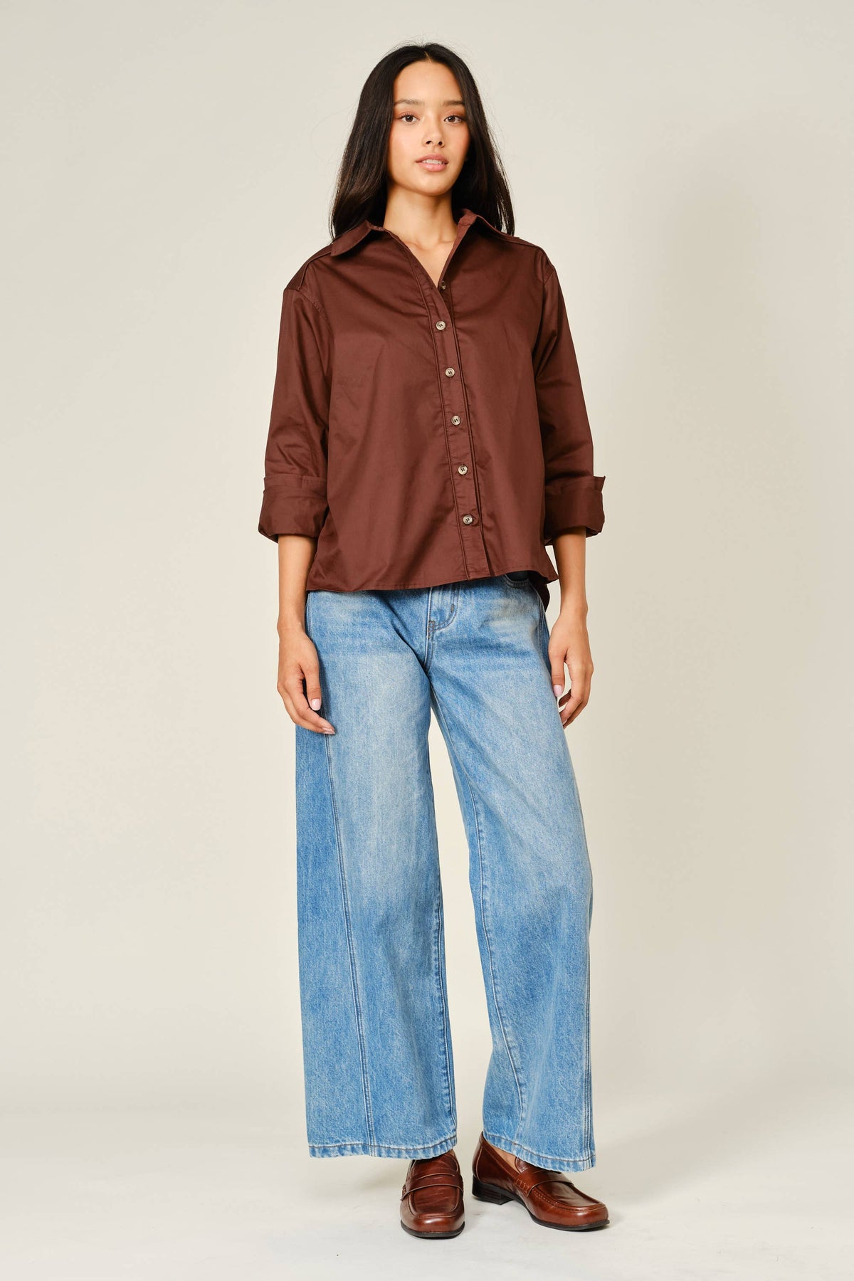 Aaron & Amber - WASHED DENIM YOKE WIDE LEG JEANS: DENIM