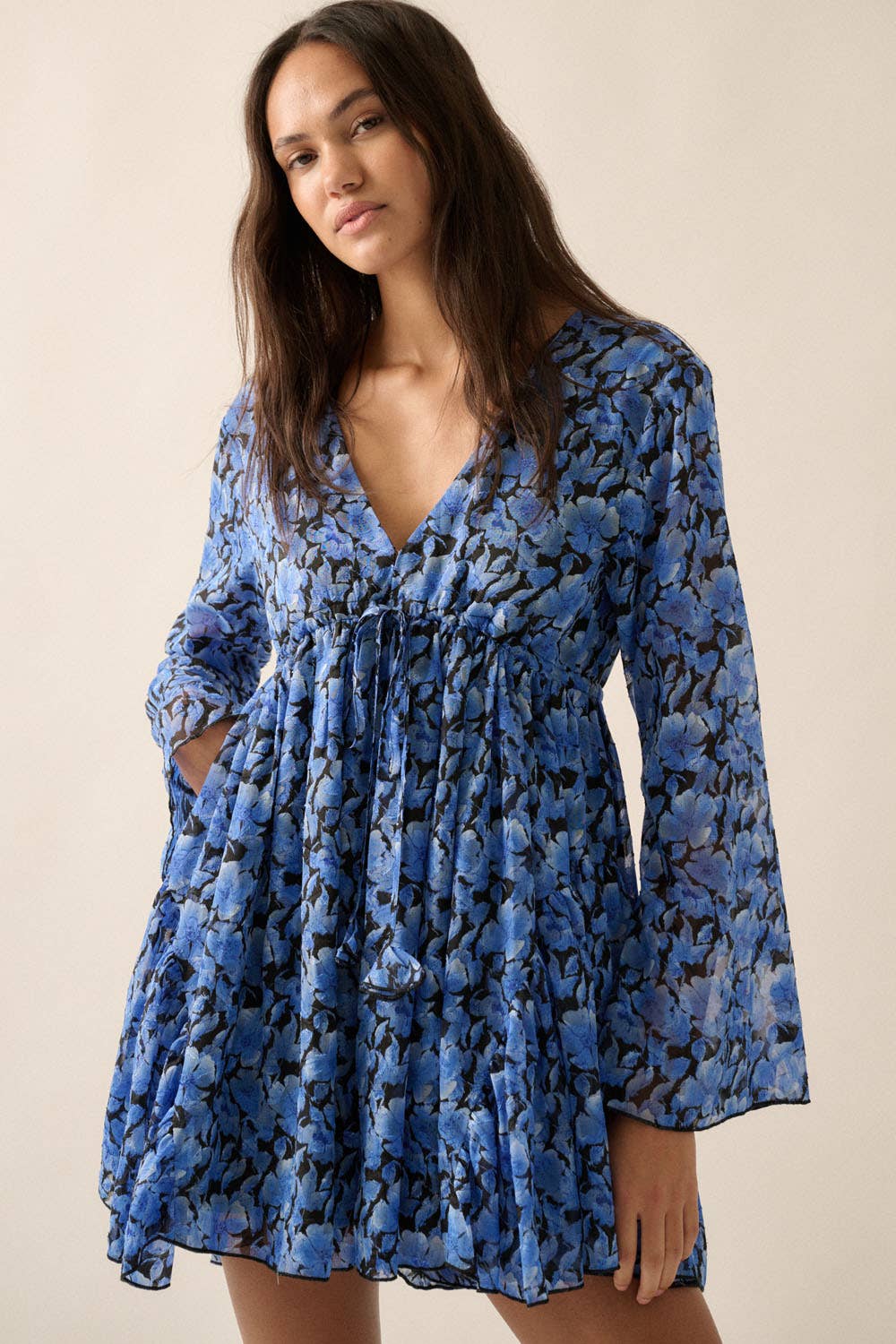 Floral Chiffon Bell-Sleeve V-Neck Skort Romper