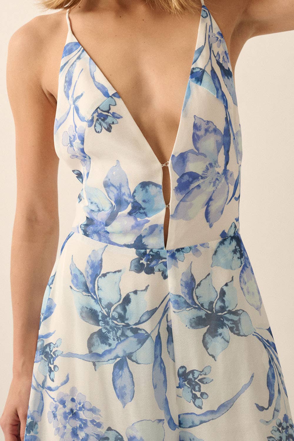 Floral Deep-V Open-Back Wide-Leg Jumpsuit