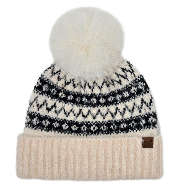 Fair Isle Beanie With Faux Fur Bow Pom