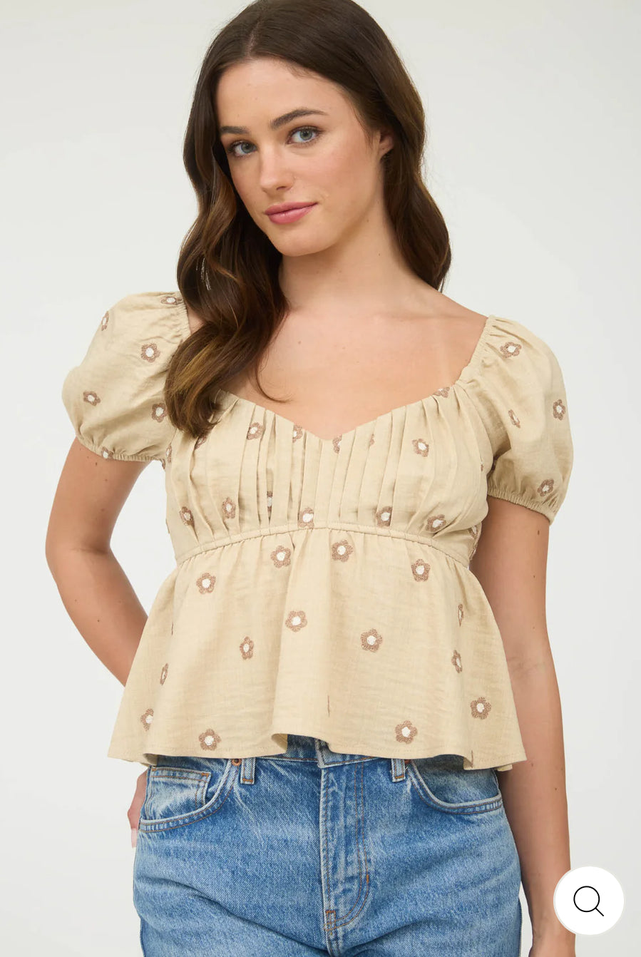 Embroidered Daisy Puff Sleeve Blouse