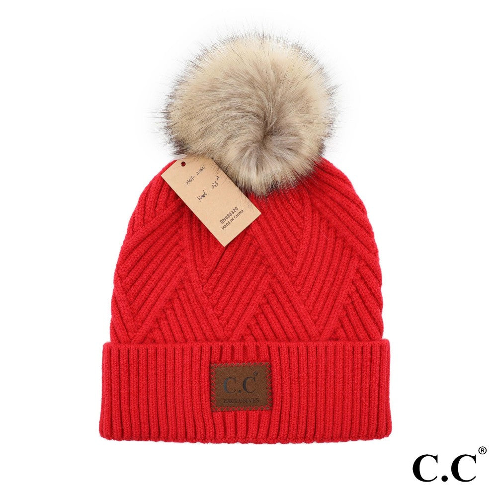 Diagonal Stripe Knit Pattern Pom Beanie