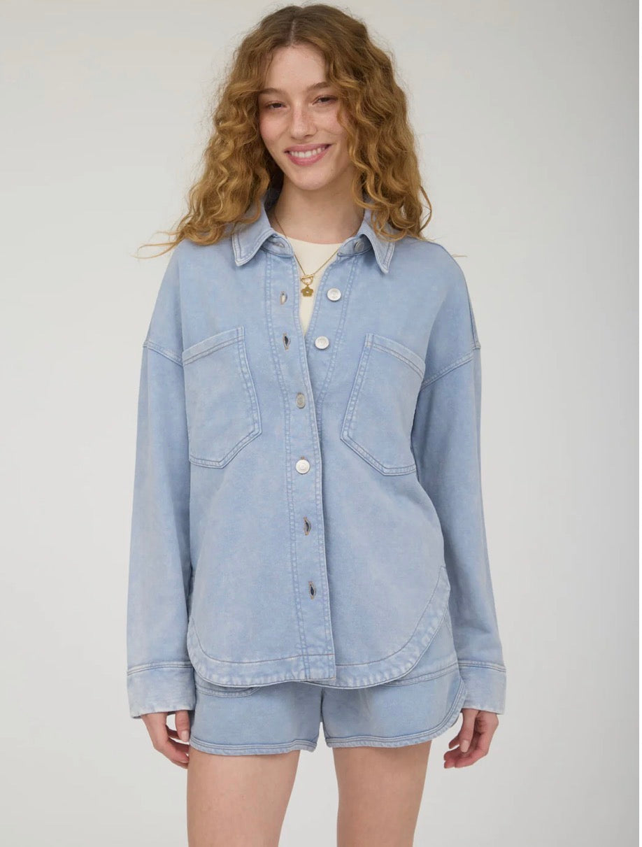 Acid Washed Collared Button Down Knit Shacket