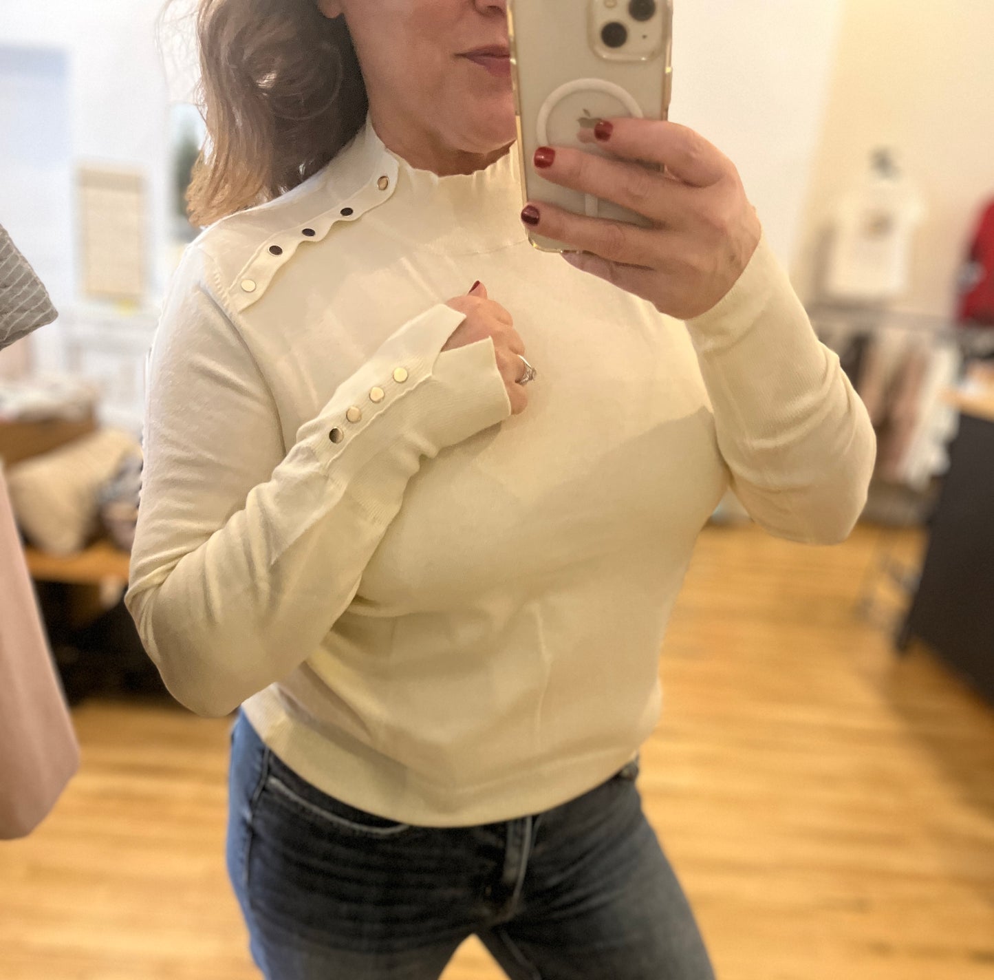 Mock Neck Button Detail Top