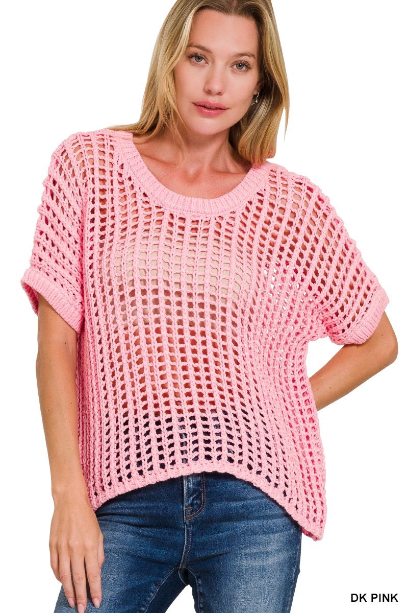 Fish Net Short Sleeve Crochet Sweater
