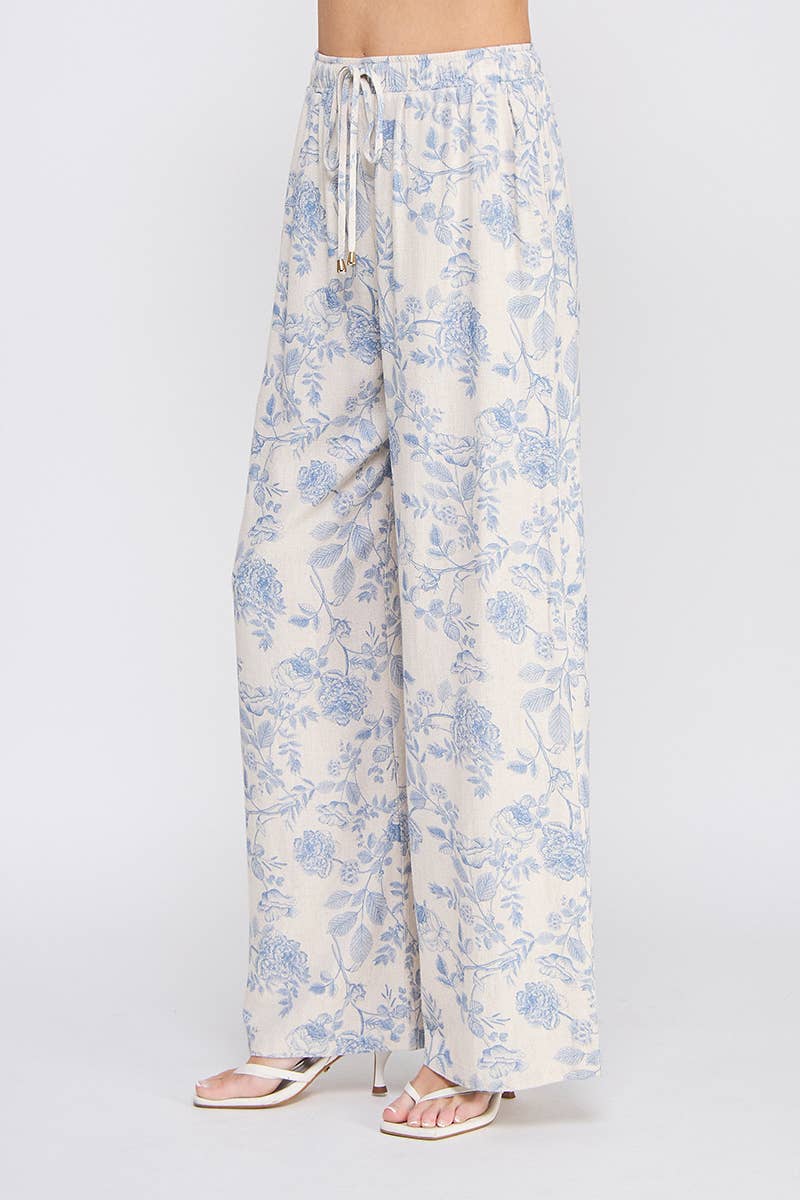 Printed Soft Linen Elastic Tie Waist Wide Leg Pants