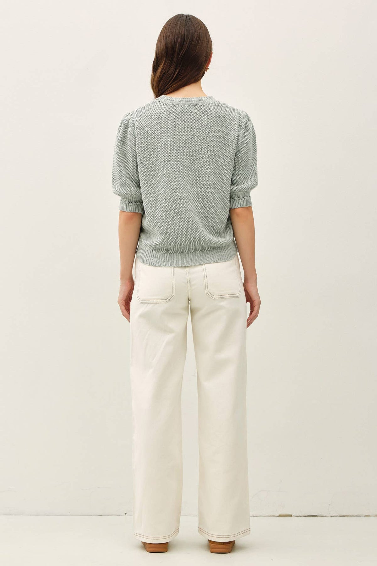 CHUNKY PUFF SHORT SLEEVE CABLE KNIT SWEATER: SEAFOAM
