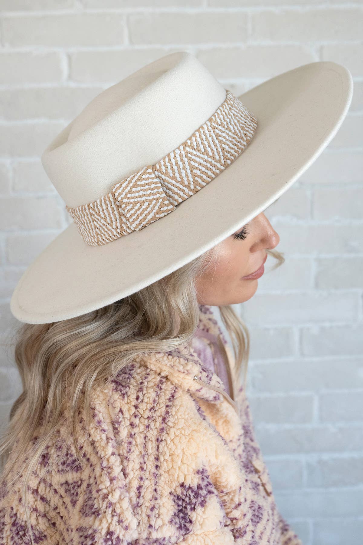 Stevie Boho Trim Wide Brim Fedora: Ivory