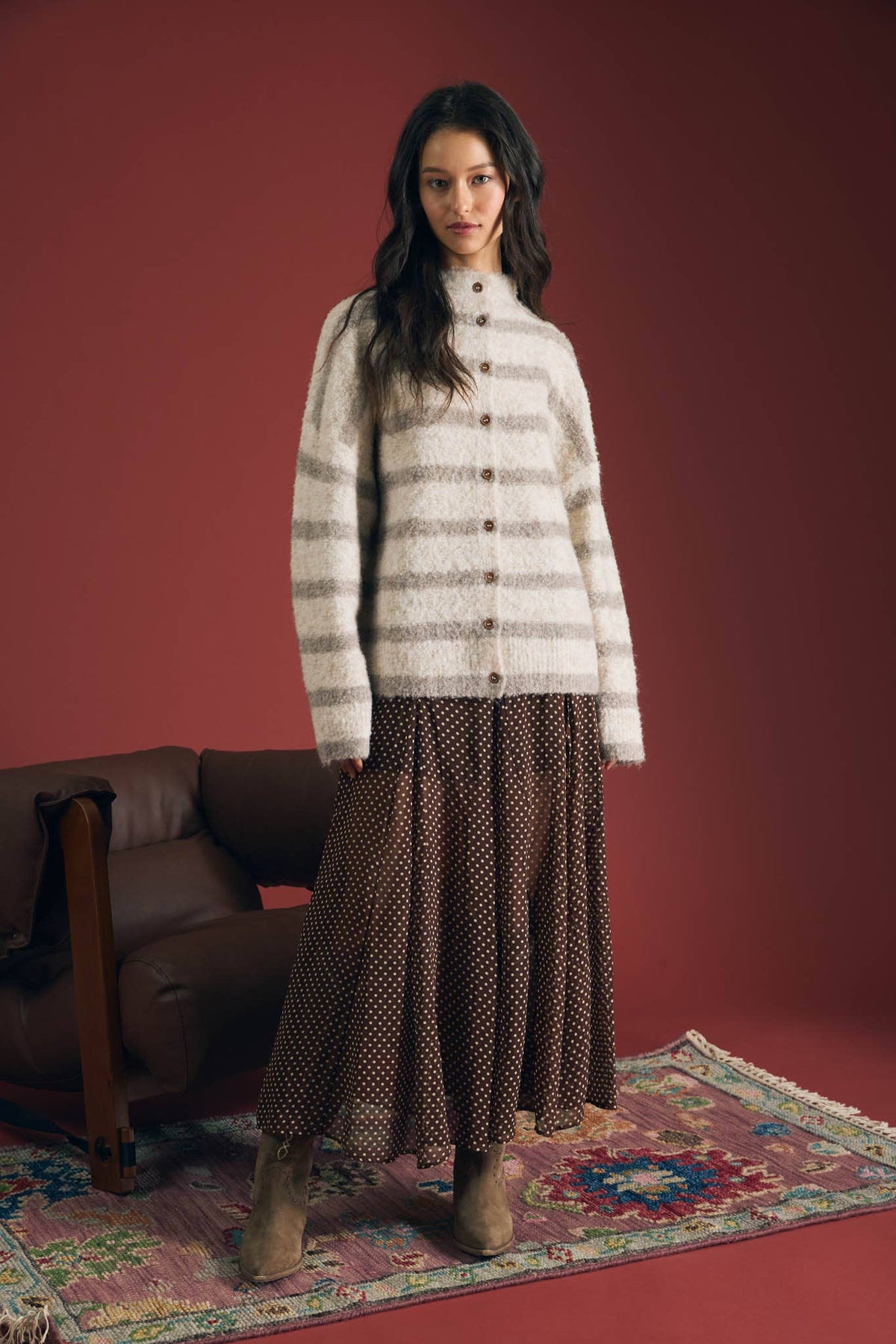 STRIPE MOCK NECK BUTTON DOWN FUZZY KNIT CARDIGAN