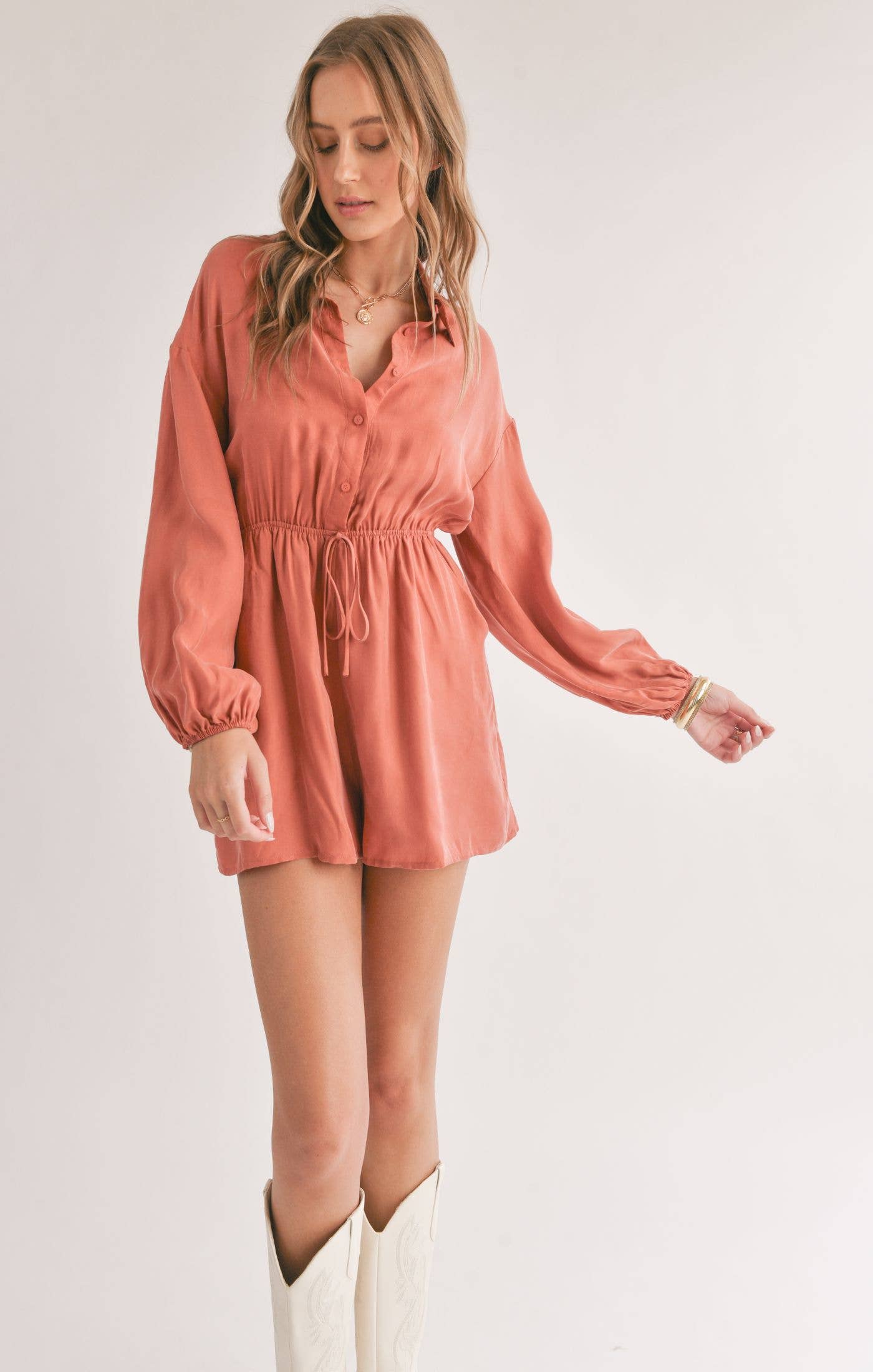 Dunes Shirt Romper: Rust