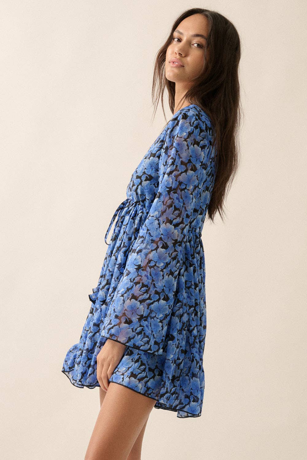 Floral Chiffon Bell-Sleeve V-Neck Skort Romper