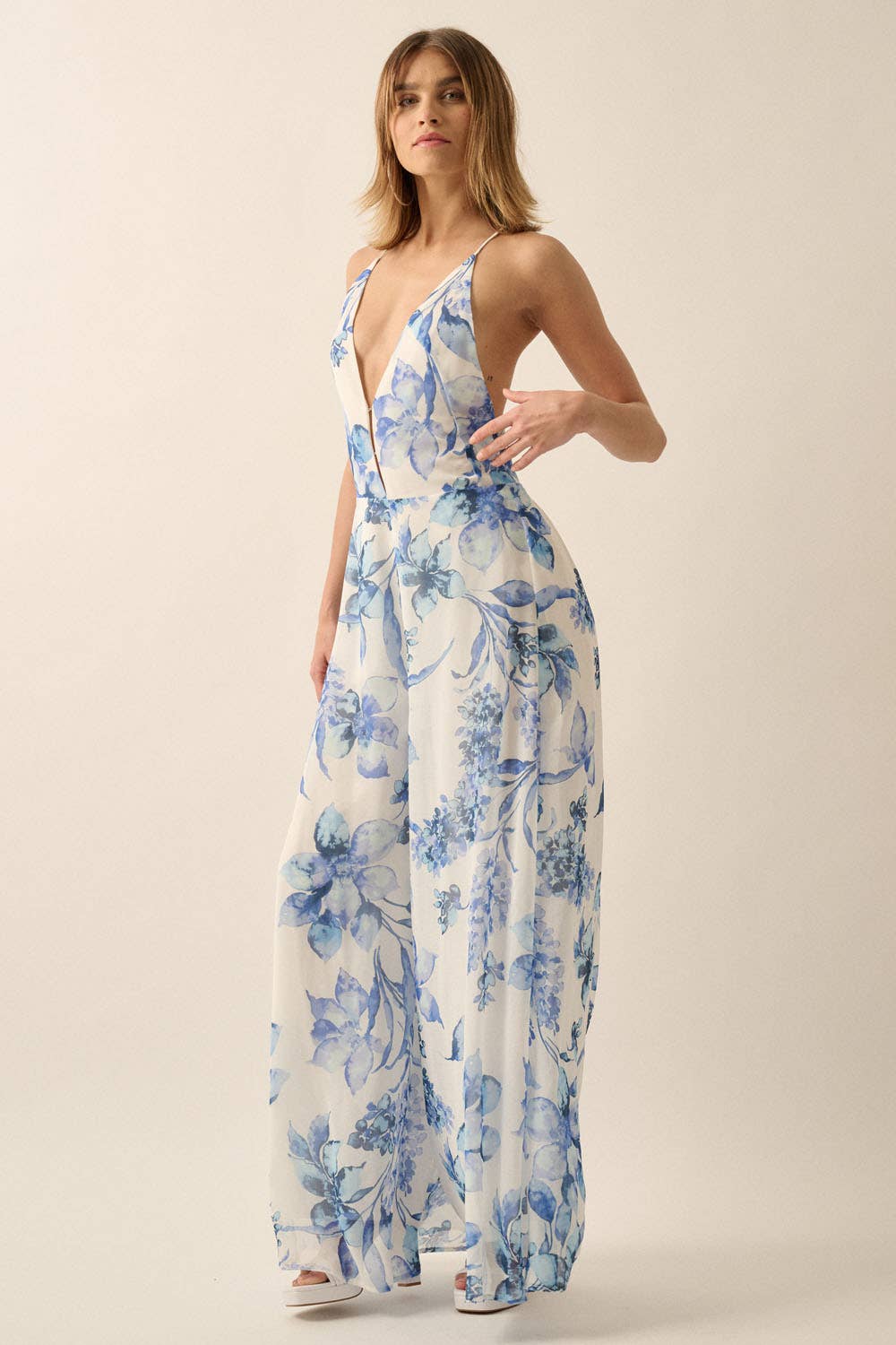 Floral Deep-V Open-Back Wide-Leg Jumpsuit