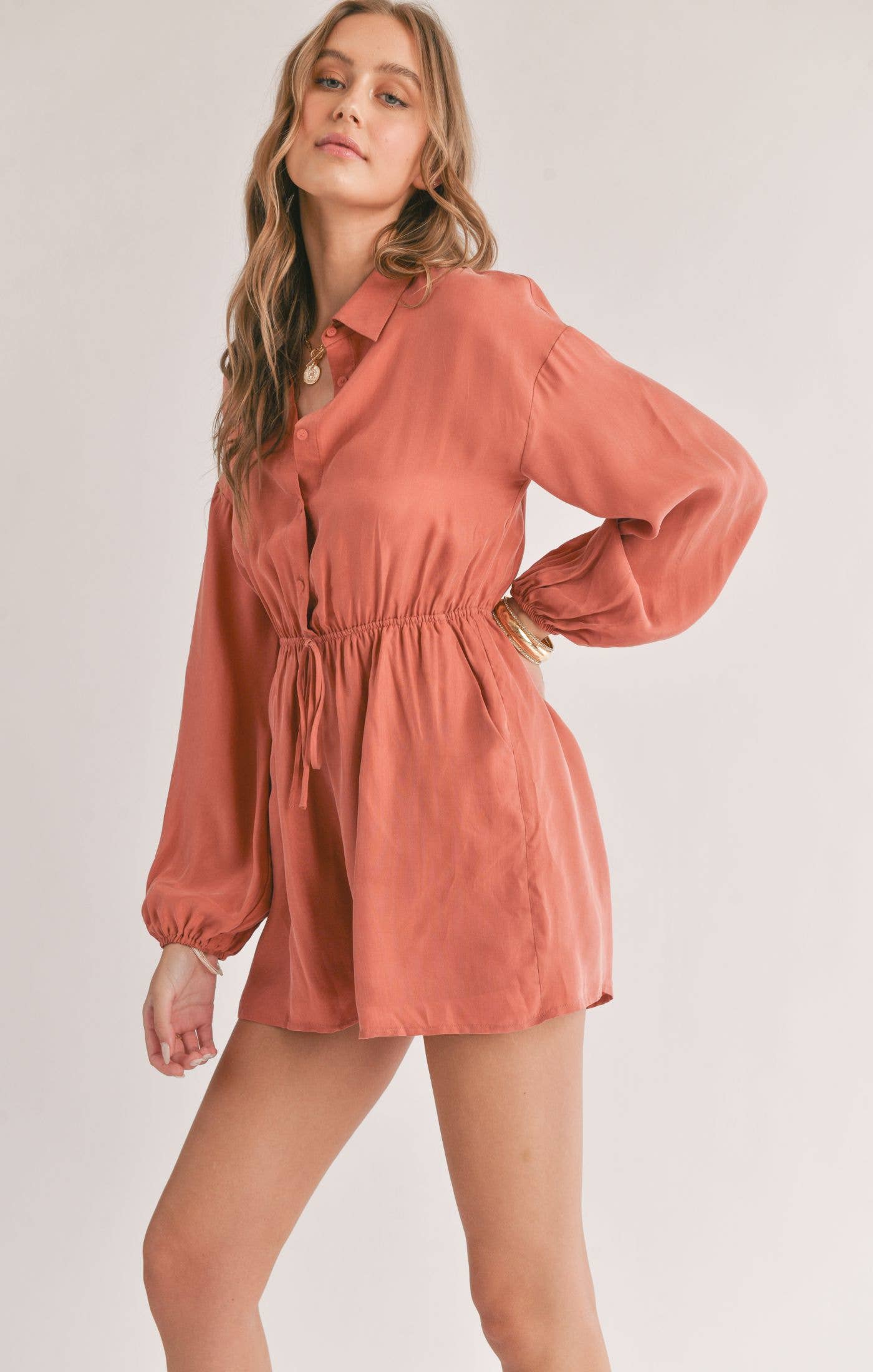 Dunes Shirt Romper: Rust