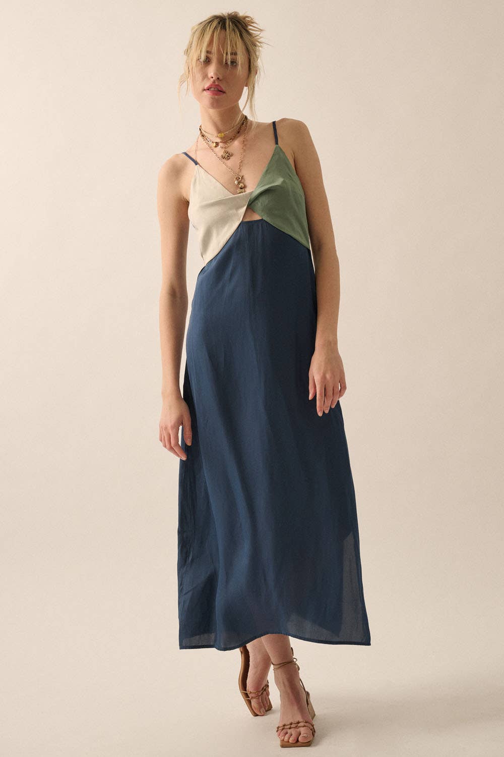 Colorblock Twisted-Bodice Woven Midi Dress