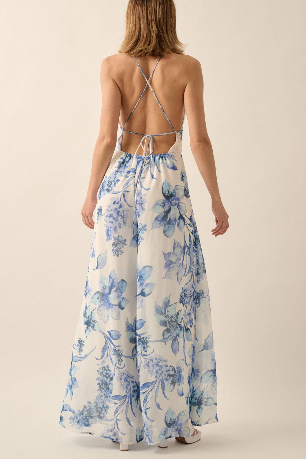 Floral Deep-V Open-Back Wide-Leg Jumpsuit