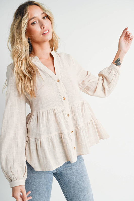 Bluivy - TIERED RUSTIC BLOUSE: OATMEAL / L