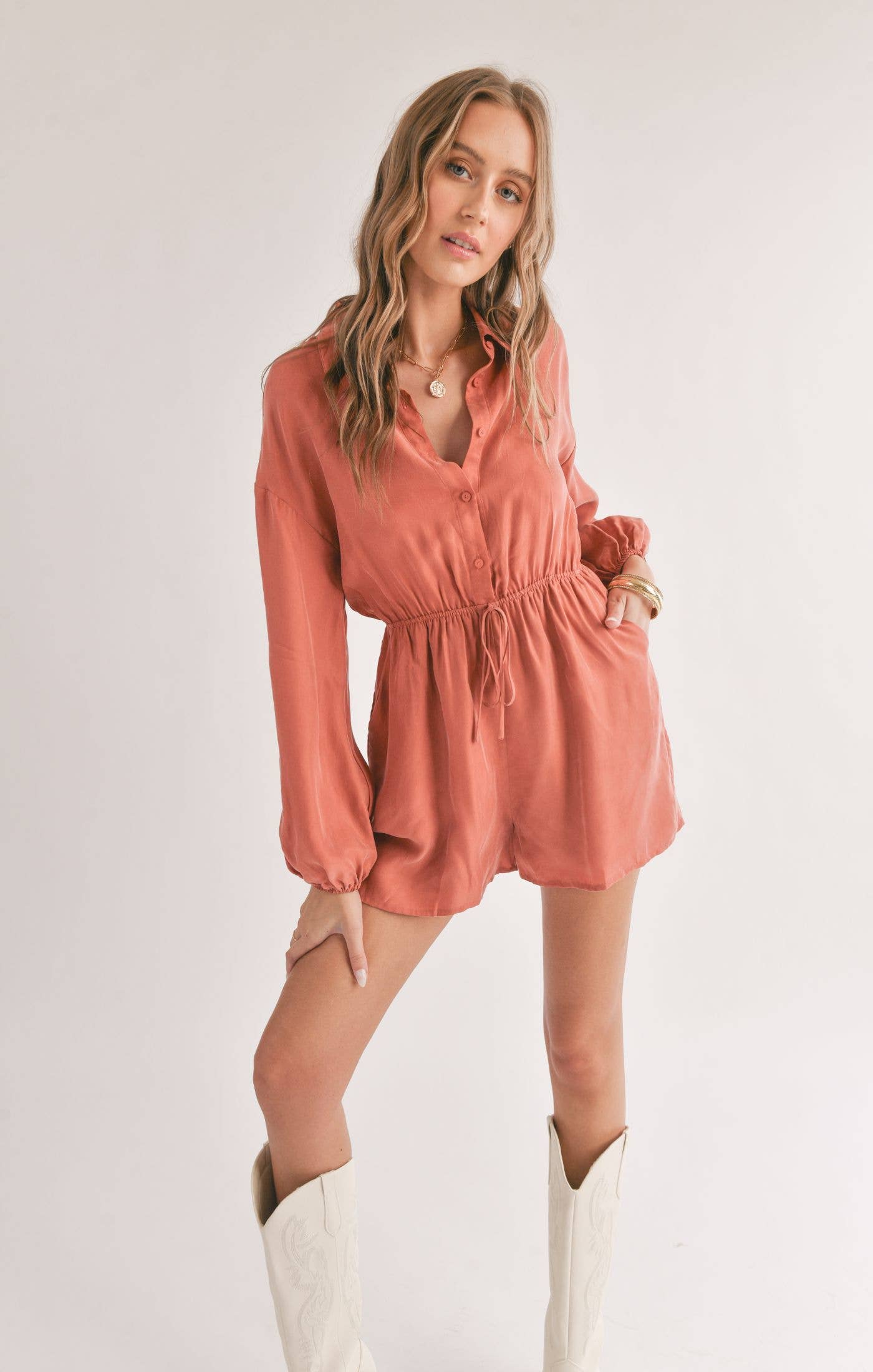 Dunes Shirt Romper: Rust