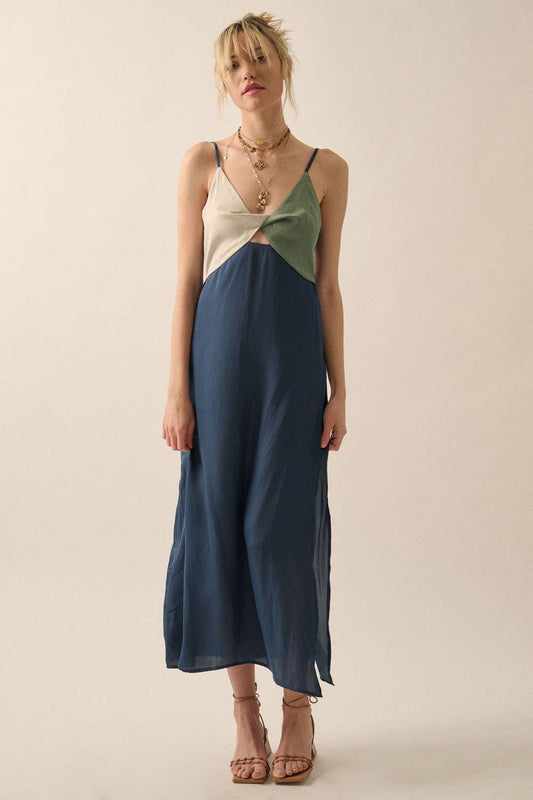 Colorblock Twisted-Bodice Woven Midi Dress
