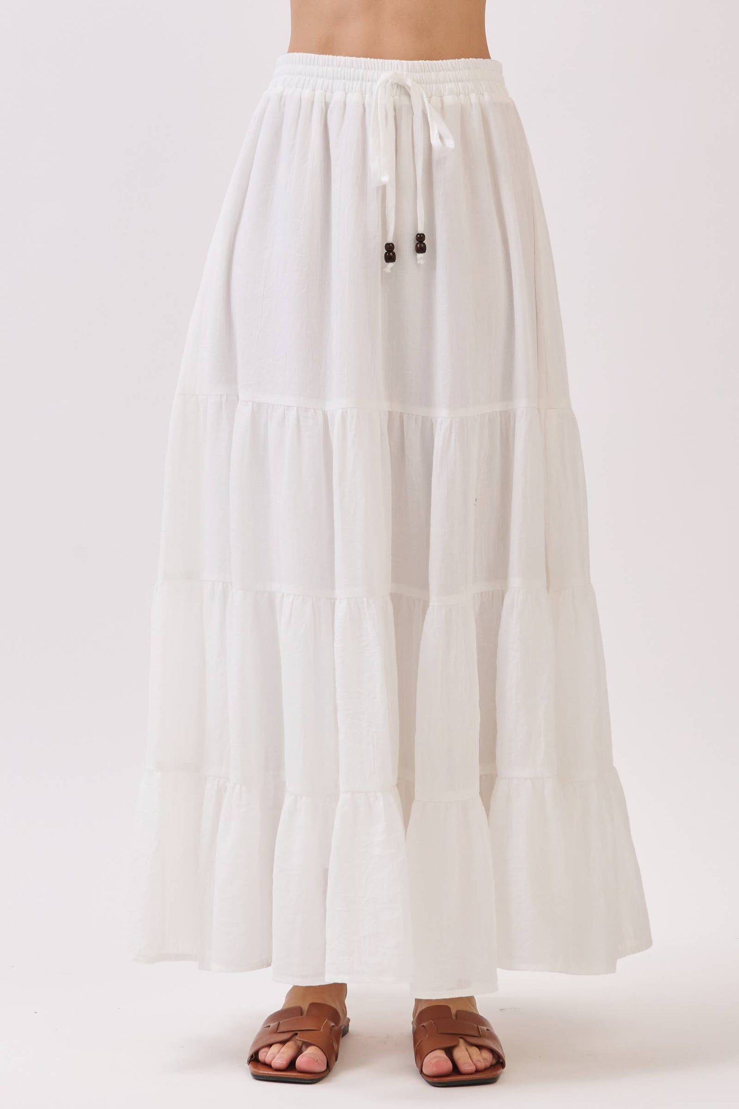 Final Touch - Tiered Coconut Tie Detail Maxi Skirt - VS3009: OLIVE / M