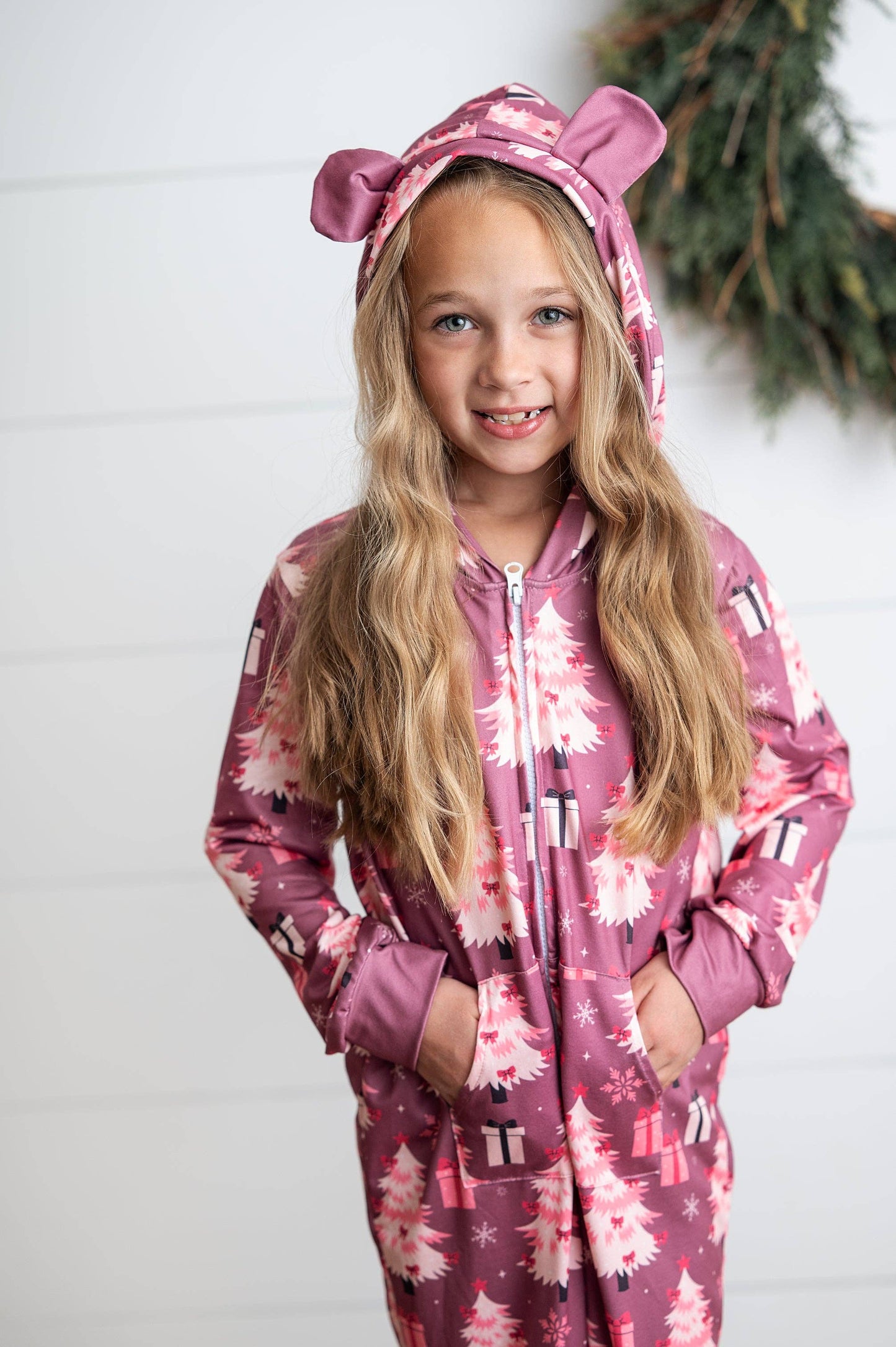 Kids Pink Christmas Tree Holiday Zip Onesie Set With Ears