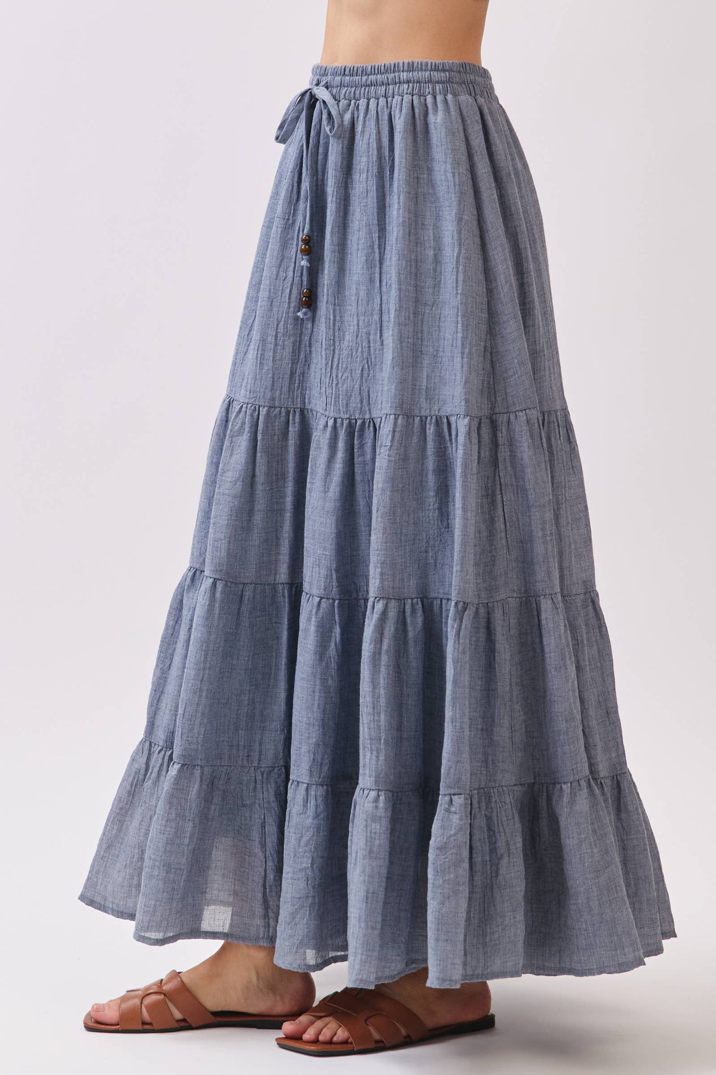 Final Touch - Tiered Coconut Tie Detail Maxi Skirt - VS3009: OLIVE / S