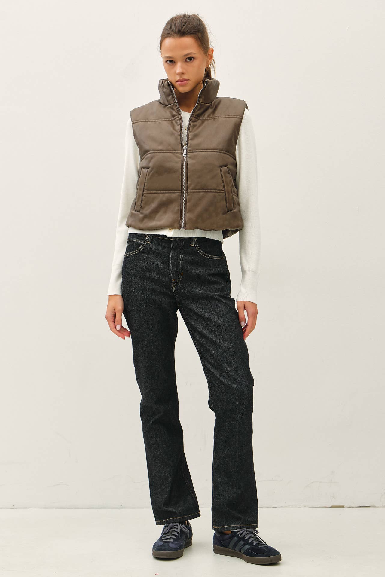 Be Cool - FAUX LEATHER PUFFER VEST : Brown / S
