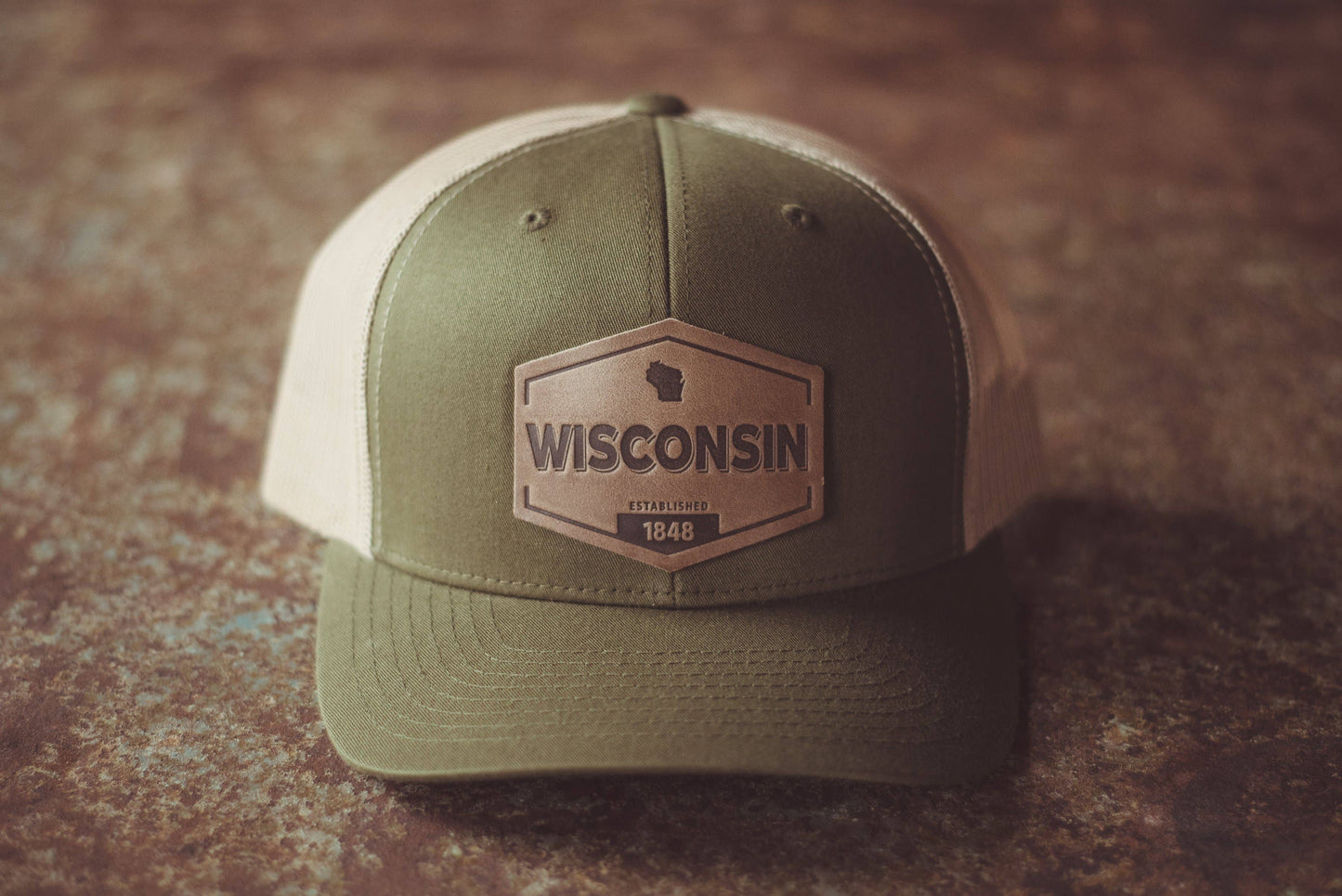 Wisconsin Leather Patch Trucker Hat: Moss/Khaki