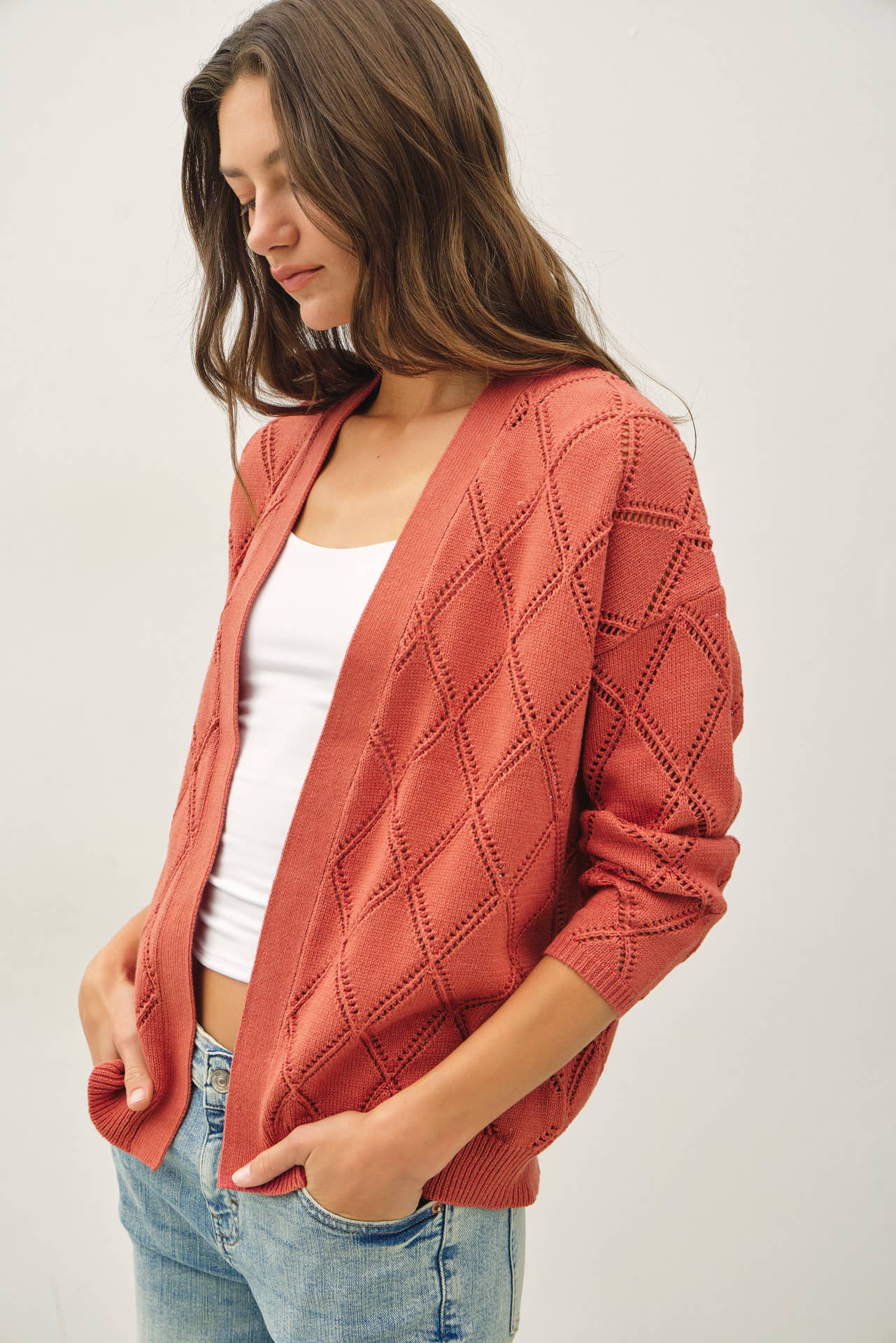 Be Cool - POINTELLE KNIT OPEN FRONT CARDIGAN: MARSALA / M