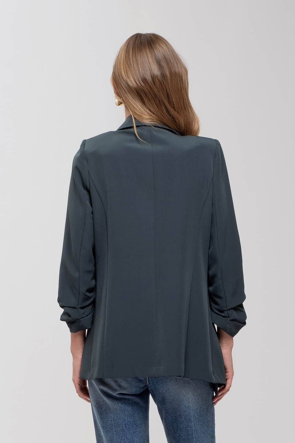 Ruched Sleeve Blazer in Hunter Green
