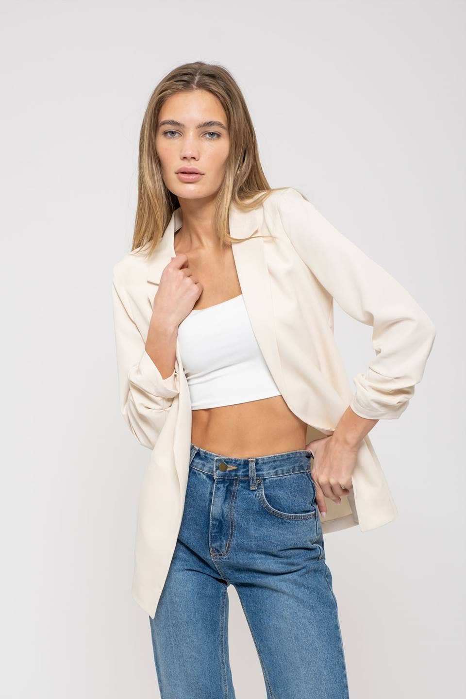 Notched Collar Ruched Sleeve Blazer - Cream