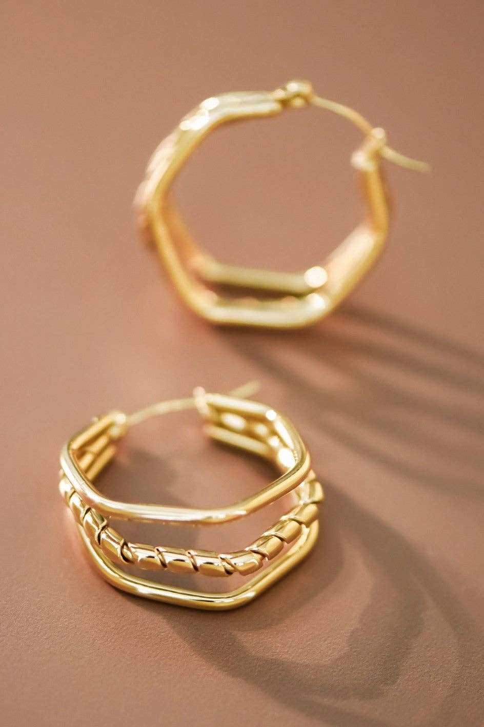 18K Gold Plated Waterproof Stainless Steel Hoop Hex Earrings
