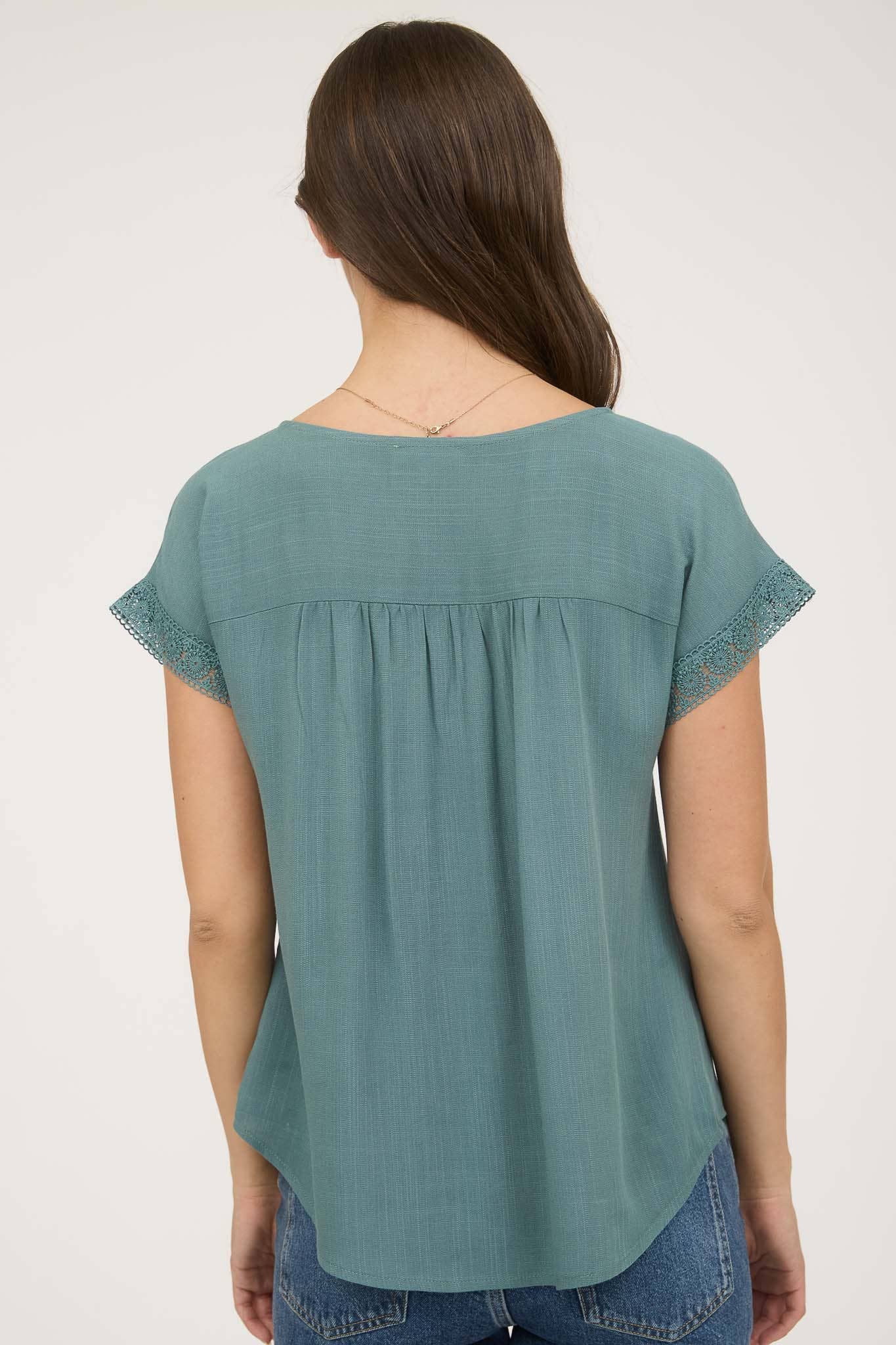 LACE TRIM PLEATED YOKE SHORT SLEEVE TOP: DUSTY TEAL