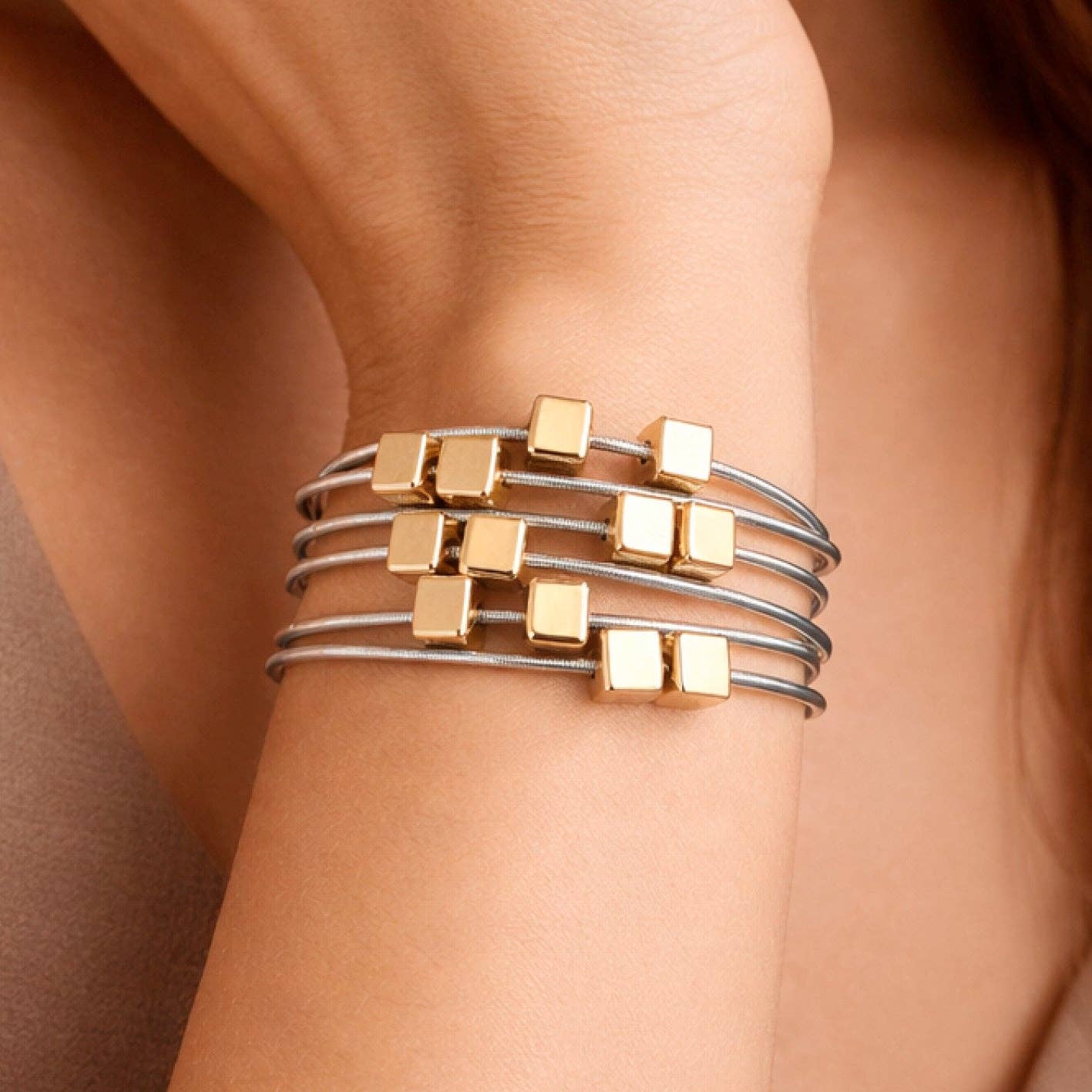 Stretchy Layered Guitar String Bracelet Set - Silver