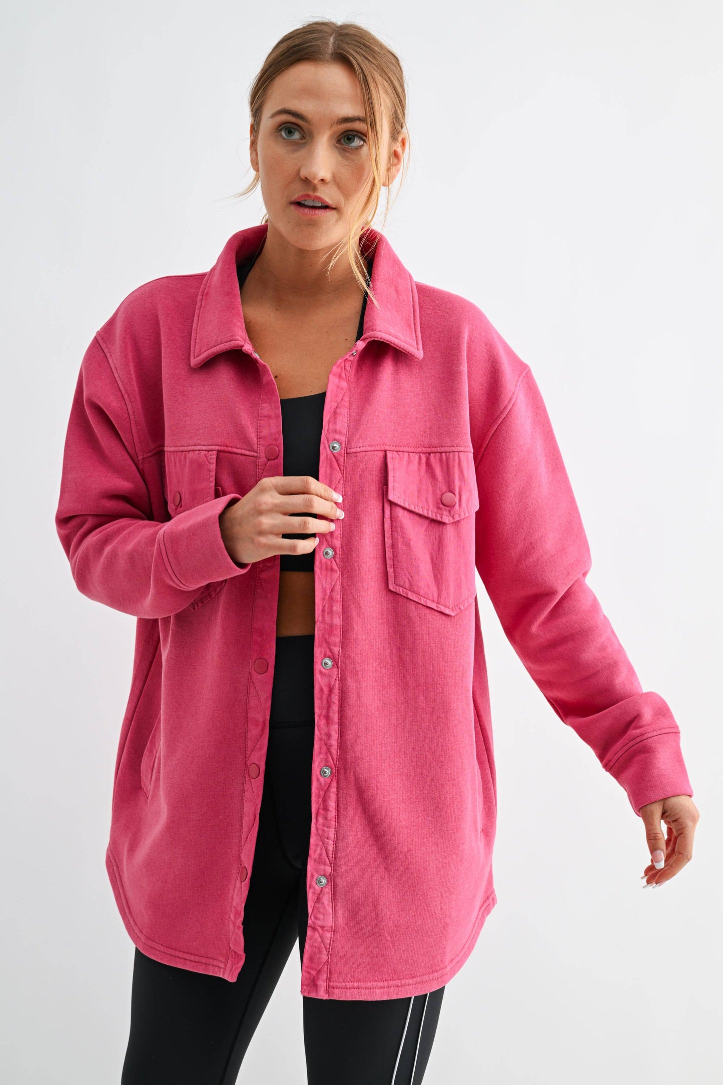 Snap-On Shacket with Pockets: Plum Pink