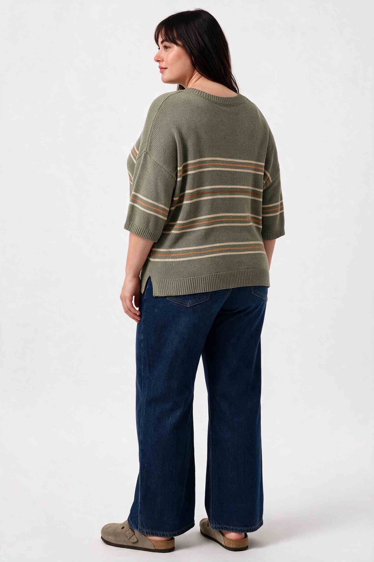 Be Cool - [PLUS] OVER SIZED DROP SHOULDER STRIPED SWEATER : SAGE / 1X