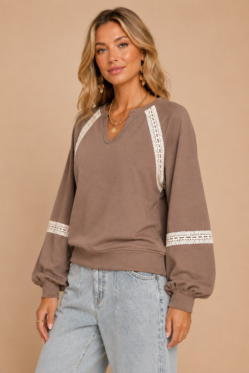 J.NNA - The Colette Lace-Trimmed Sweatshirt: Brown / M