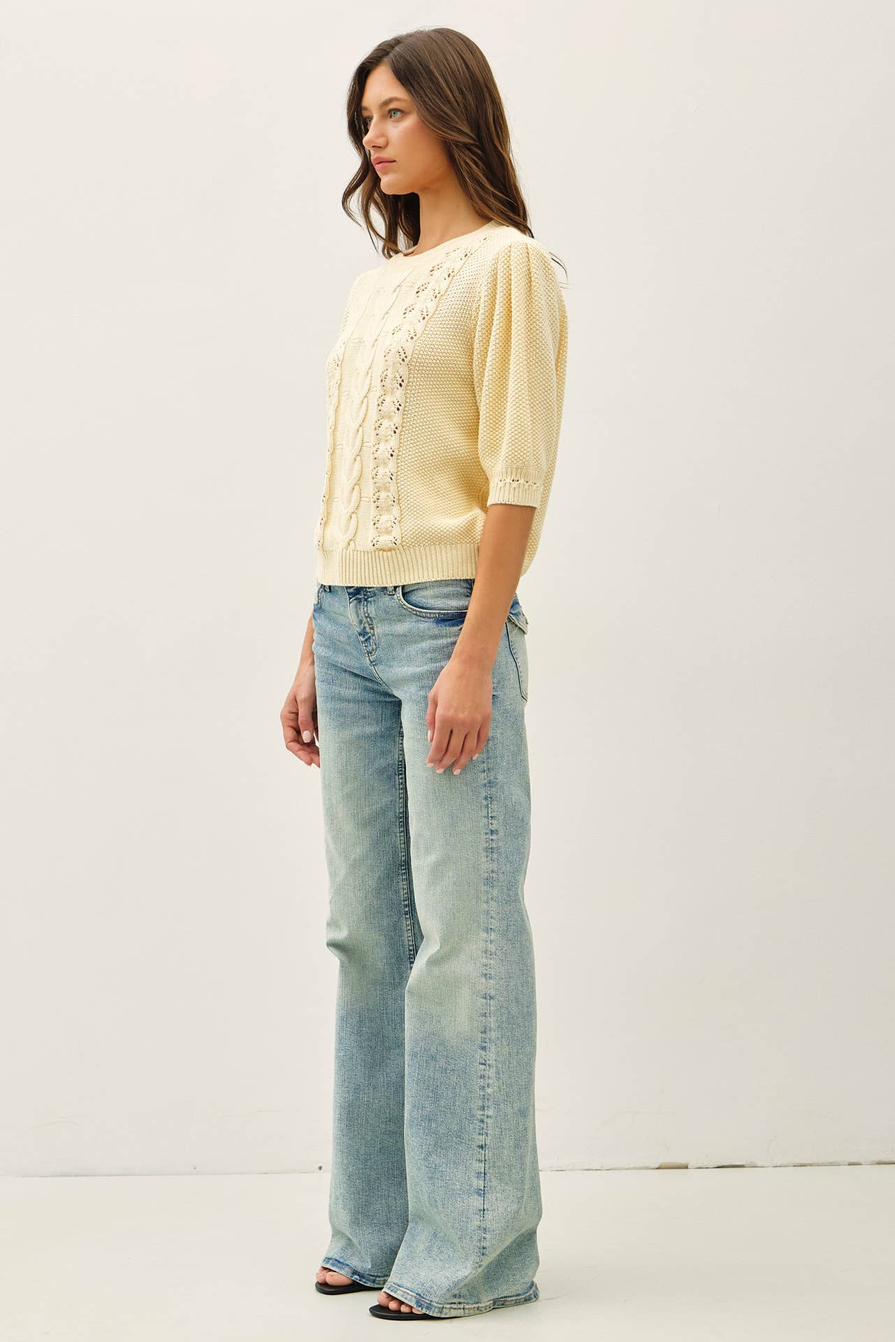 Be Cool - CHUNKY PUFF SHORT SLEEVE CABLE KNIT SWEATER: SEAFOAM / M