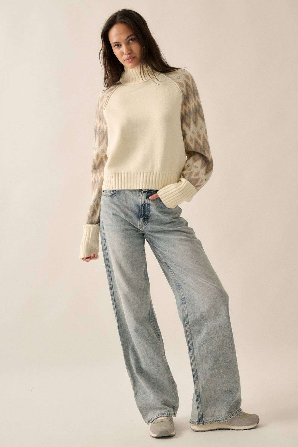 Knit Geo-Print Raglan-Sleeve Turtleneck Sweater