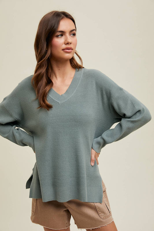 Waffle Knit Sweater with Side Slit