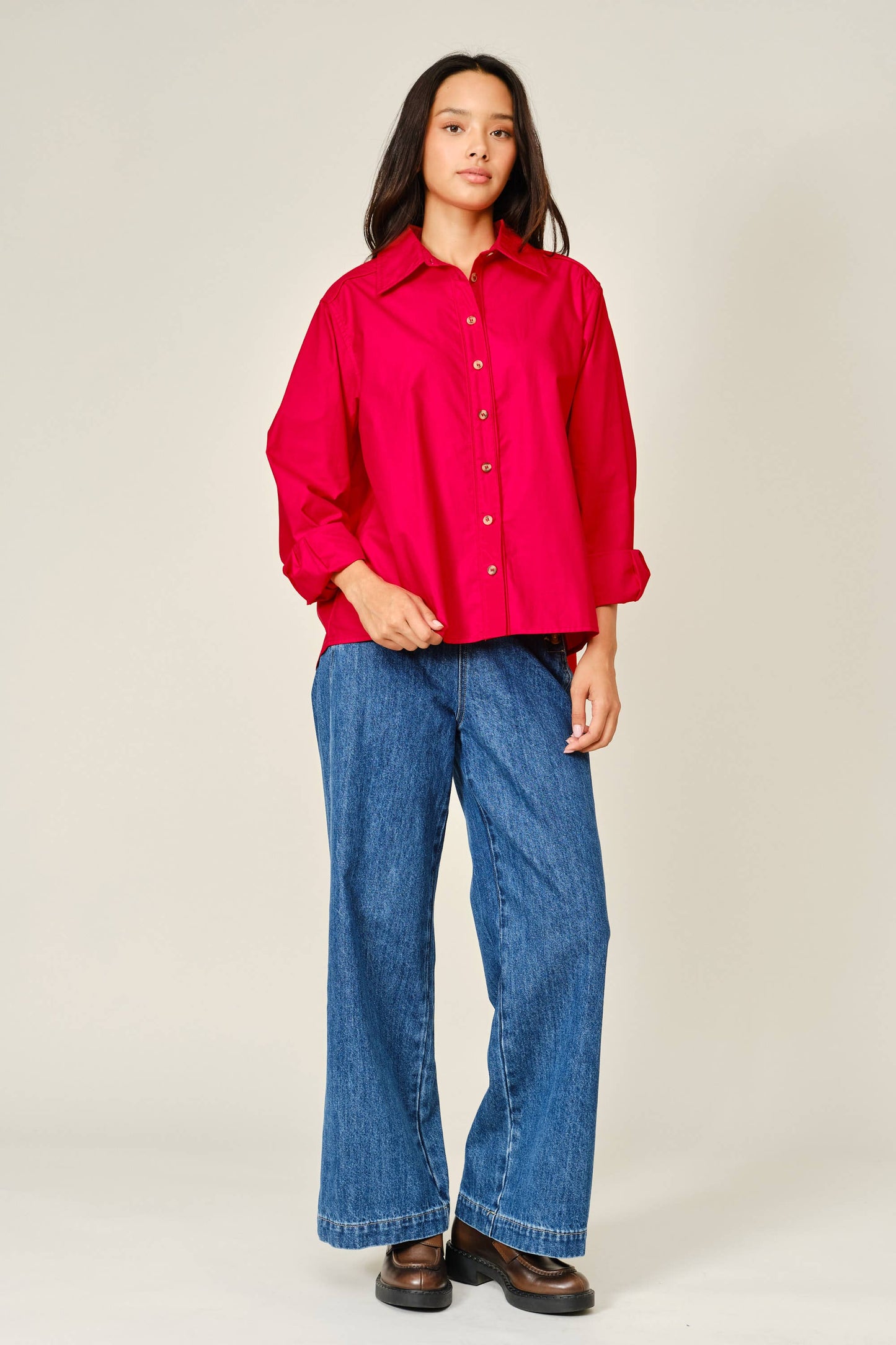 Aaron & Amber - AJT6539 OVERSIZED CLASSIC BUTTON DOWN SHIRT: OFF WHITE / S-M-L (2-2-2)