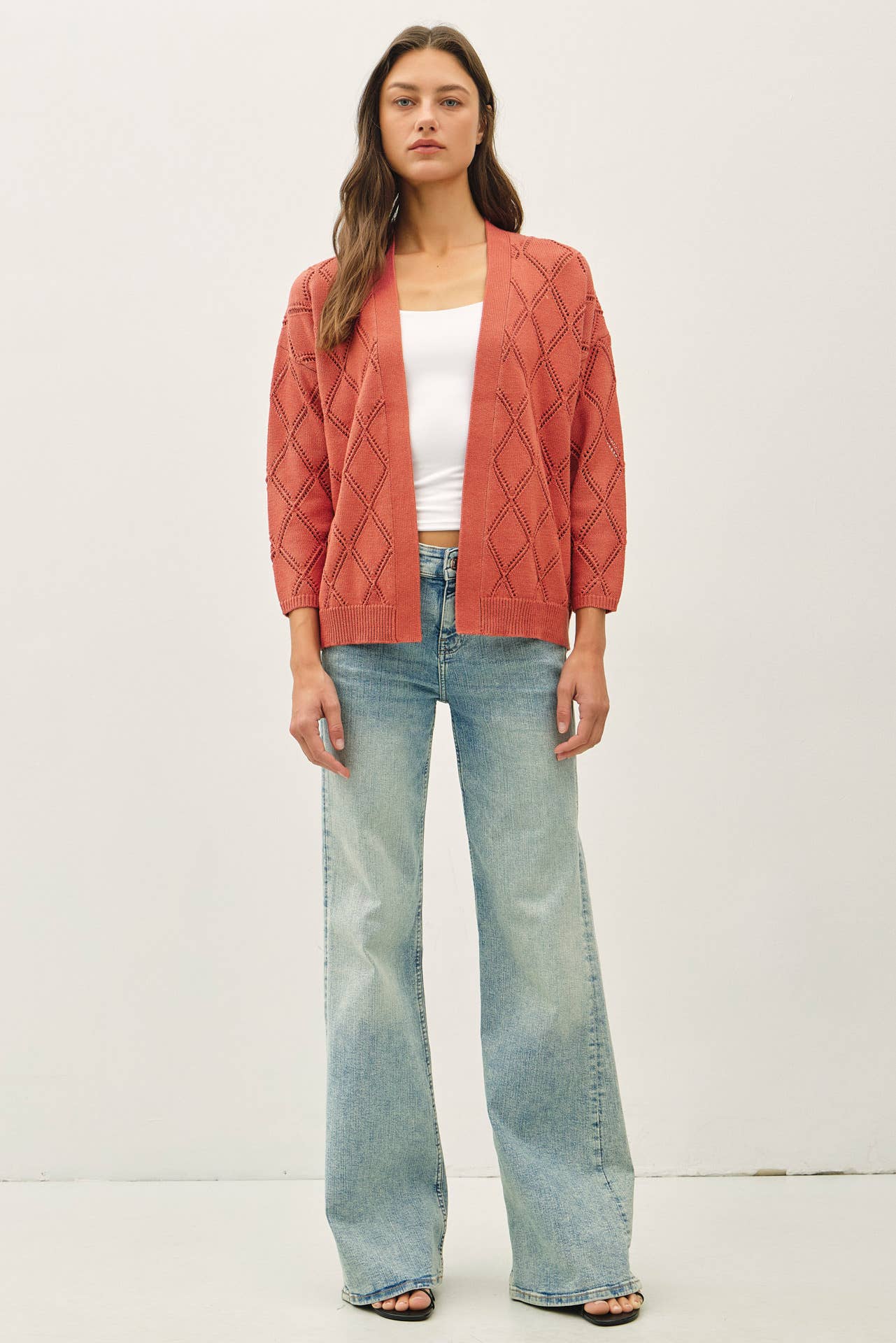 Be Cool - POINTELLE KNIT OPEN FRONT CARDIGAN: MARSALA / S